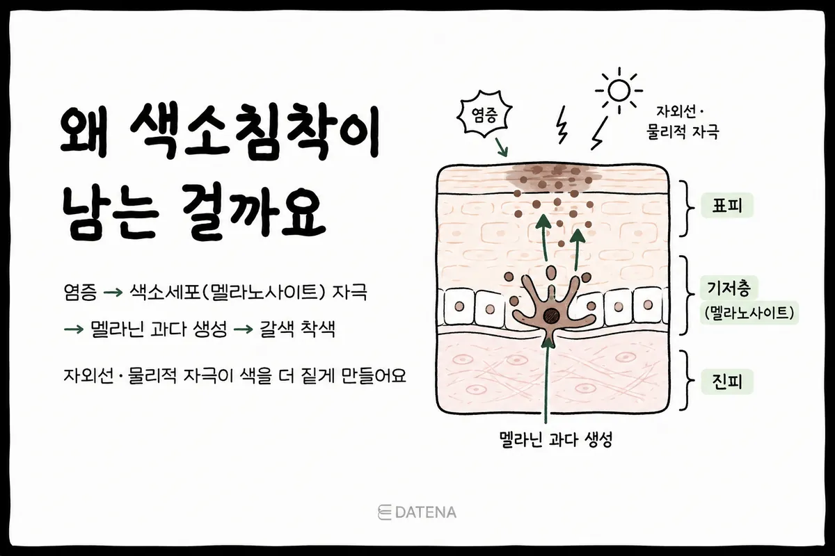 痘痘引起皮肤发炎时,色素细胞受到刺激,可能会过度生成黑色素。紫外线或反复摩擦会让颜色变得更深,需要特别注意。