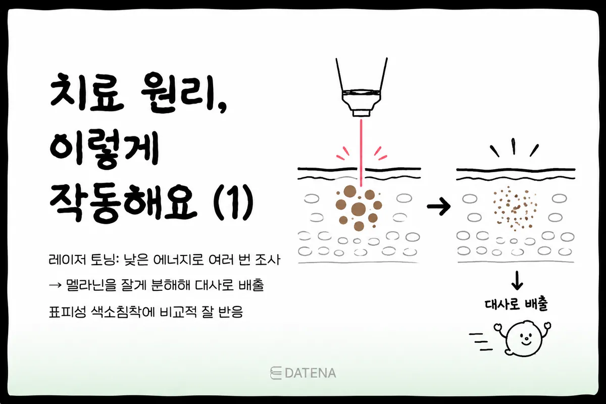激光嫩肤通过反复照射低能量激光,帮助将黑色素击碎成细小颗粒。被分解的色素会经由皮肤的代谢过程慢慢排出。