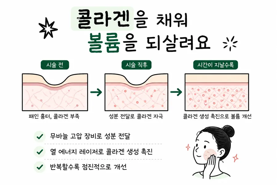 描绘宽而平缓凹陷的痘疤补充胶原蛋白后皮肤截面随时间变化的示意图