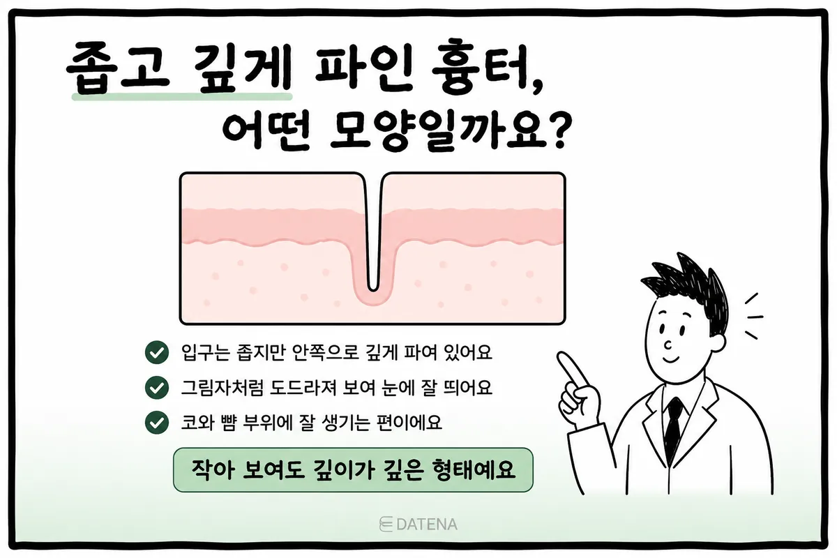 皮肤截面图:开口窄、深入真皮层的痘坑