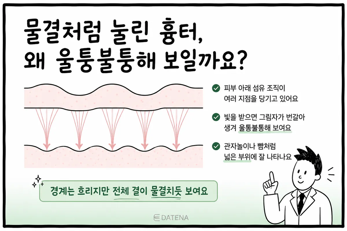 皮下纤维组织多点牵拉、呈波浪状凹陷的痘疤截面