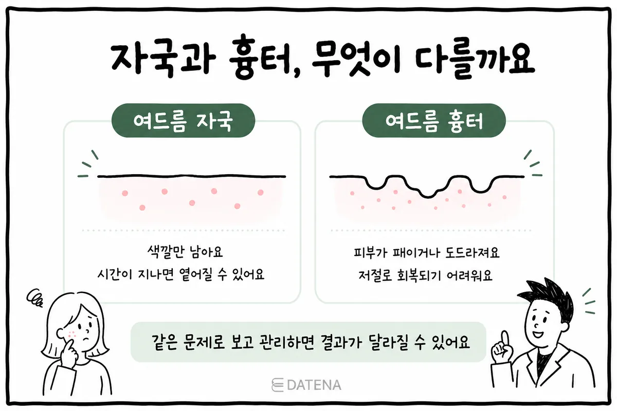 将光滑皮肤上只留下颜色的痘印,与表面凹陷的痘疤剖面并排对比的示意图