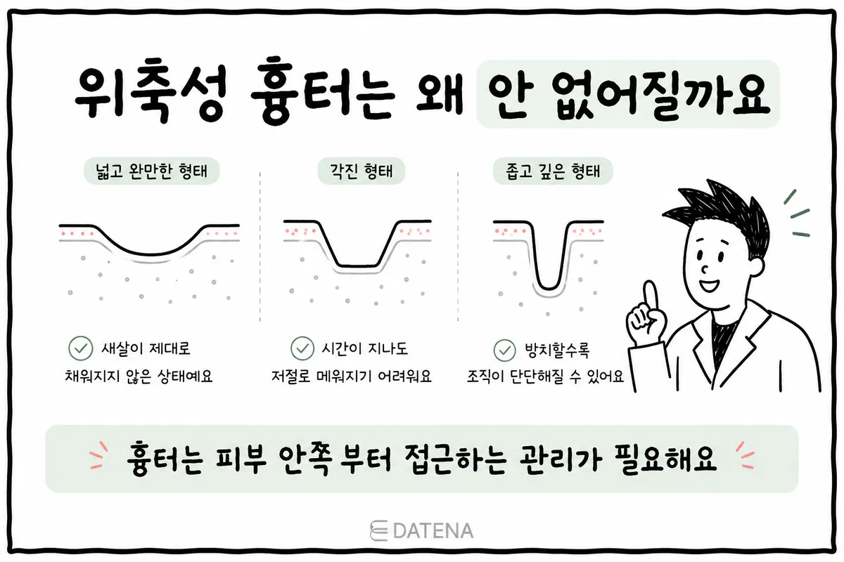对比宽而平缓的凹陷、有棱角的凹陷、窄而深的凹陷等萎缩性痘疤形态的示意图