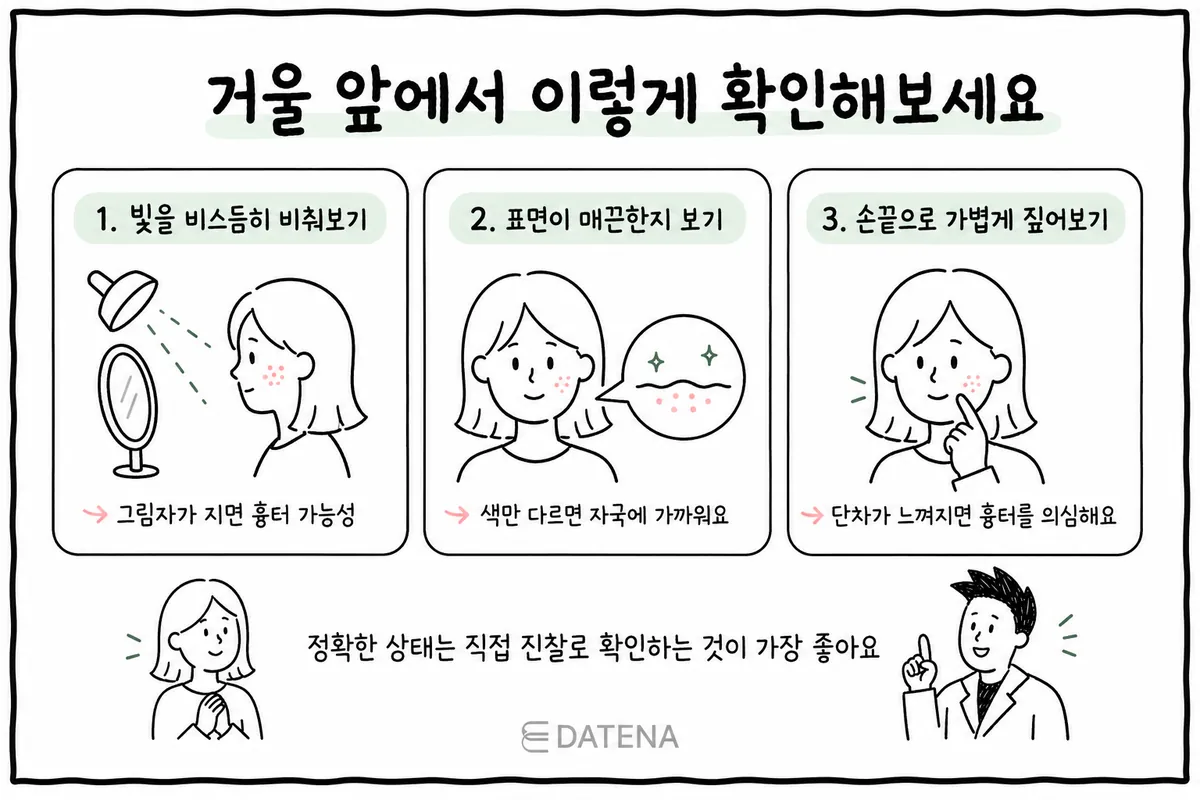 在镜子前依次检查斜射光线、皮肤表面和指尖触感的三步示意图