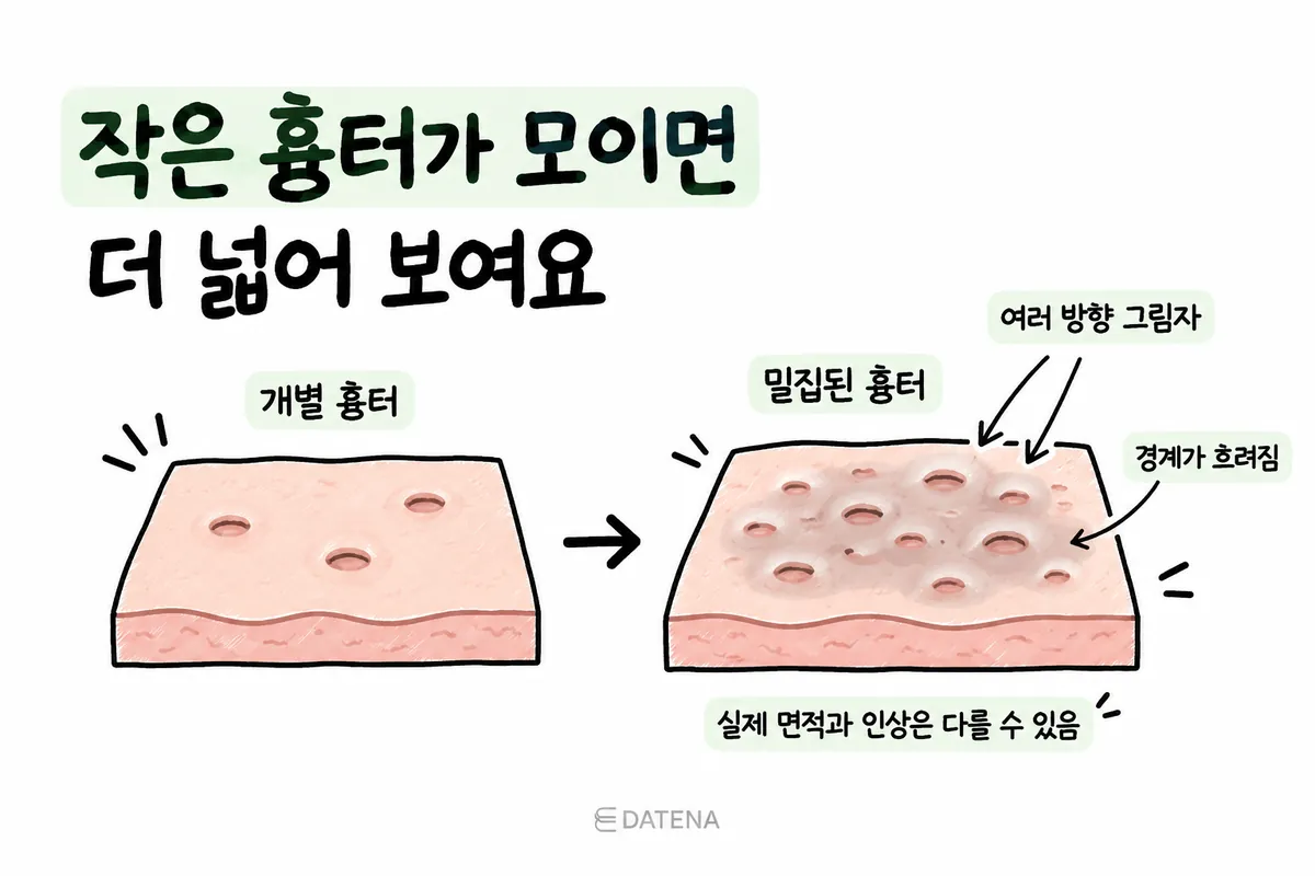 单个痘疤密集时因多方向阴影而显得范围更大的截面示意图