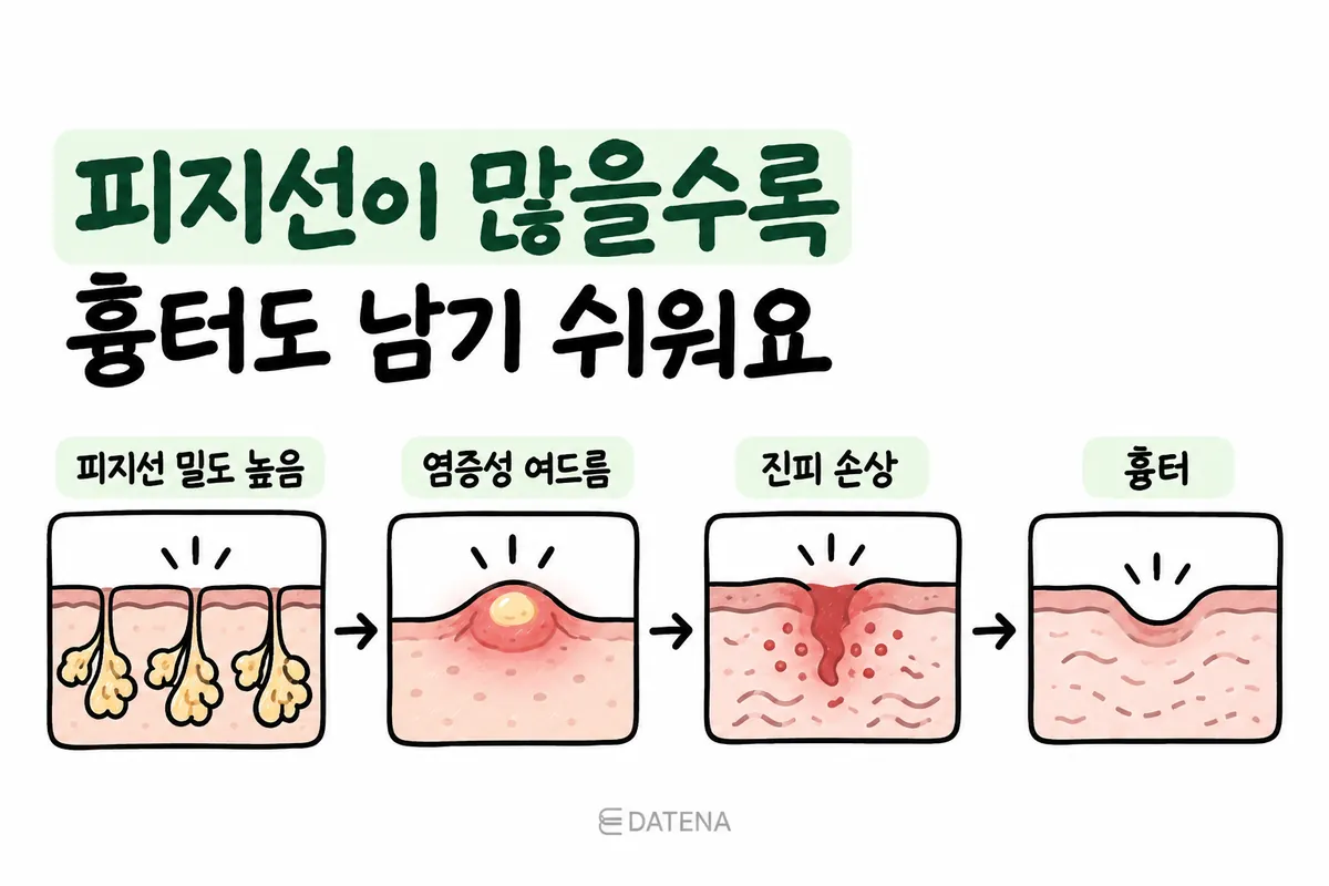 示意图:从皮脂腺与炎症性痘痘,到真皮受损,最终形成凹陷疤痕的过程