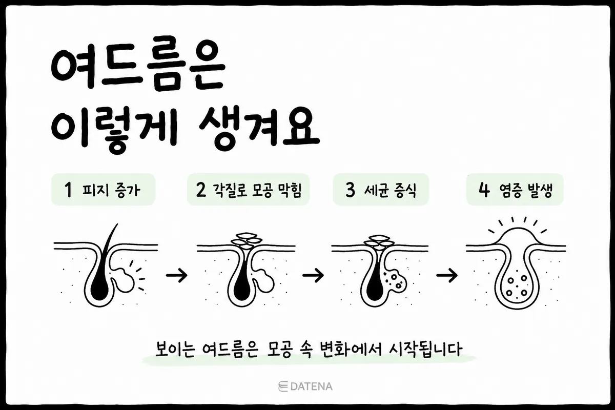 从皮脂增多、角质堵塞毛孔、细菌繁殖到炎症发生,痘痘形成的4个阶段图解
