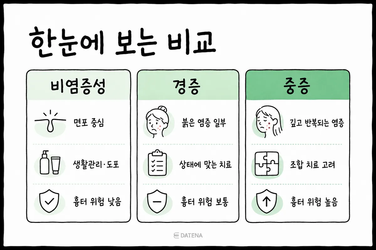 以三栏对比非炎症性粉刺、轻度炎症性、重度炎症性痘痘的特点与疤痕风险的表格