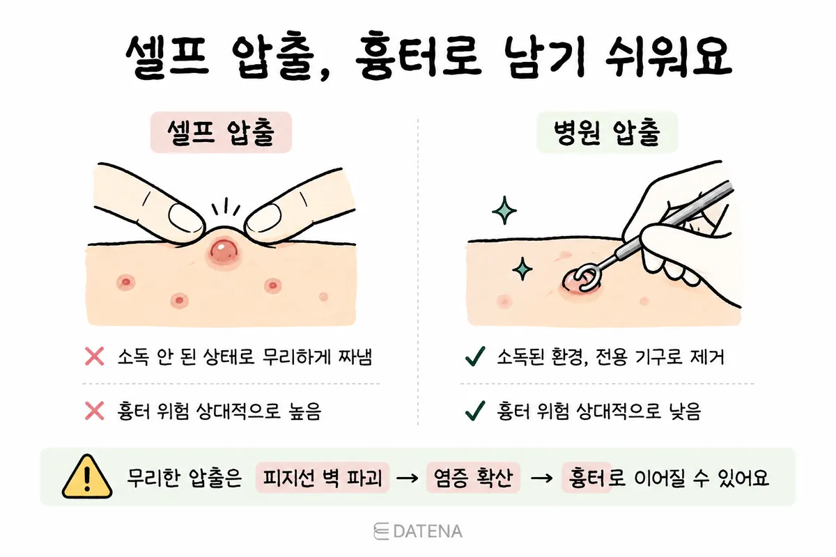 对比用手挤痘与使用专用工具清痘的疤痕风险说明图