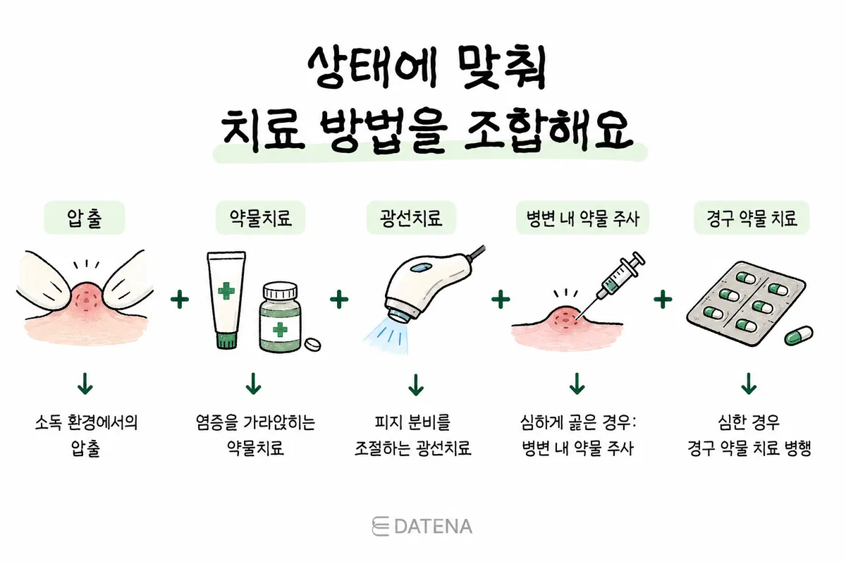列出清痘、药物治疗、光疗、病灶注射、口服药物等按痘痘状态分类的治疗方法示意图