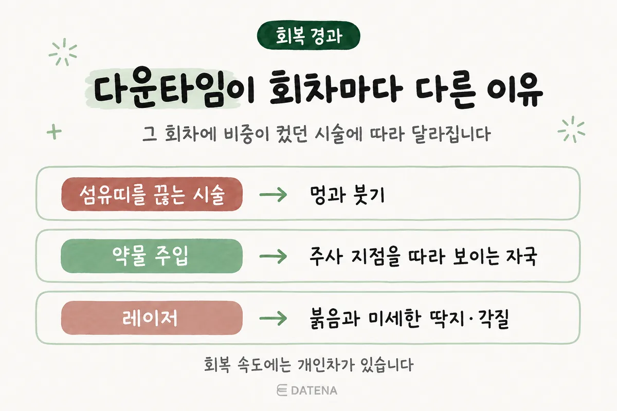 皮下分离术、药物注射、激光后可能分别出现的淤青与肿胀、针眼、泛红与脱皮对比示意图