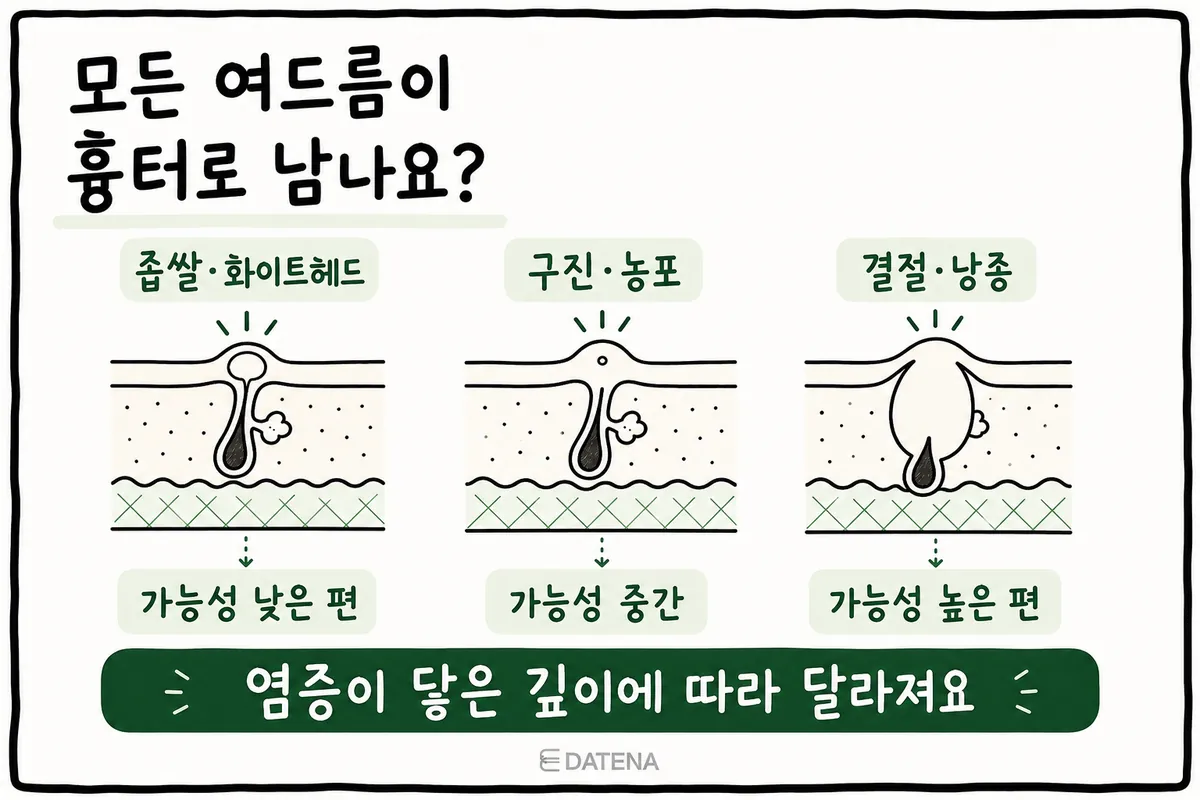 比较闭口粉刺·白头、丘疹·脓疱、结节·囊肿的皮肤剖面及形成疤痕可能性的示意图