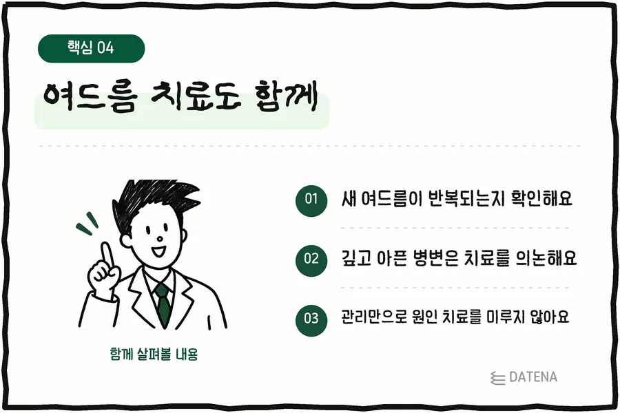 痘痘也要一起治疗:确认是否反复长新痘;深层且疼痛的皮损需商量治疗方案;不要只靠护理而延误病因治疗 — Datena Clinic 说明卡