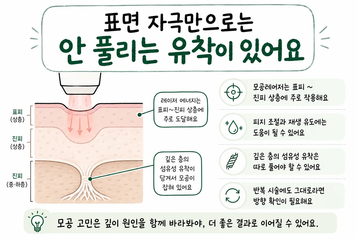 毛孔激光的表面刺激与皮肤深层粘连对比的皮肤截面图