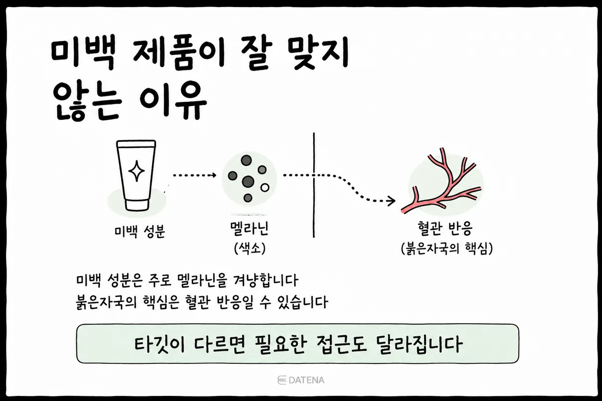 区分美白成分对黑色素的作用与红色痘印血管反应的示意图