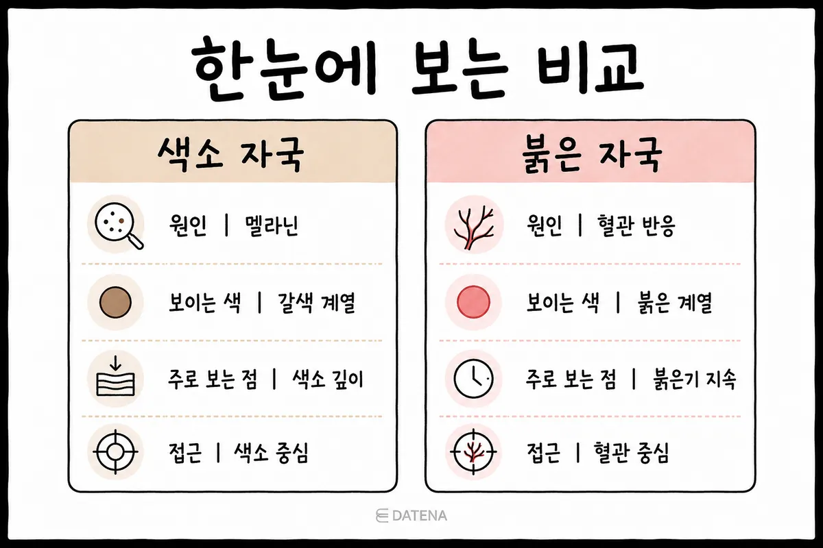 痘痘后褐色色素痘印与红色血管性痘印的成因·颜色·治疗方向对比表