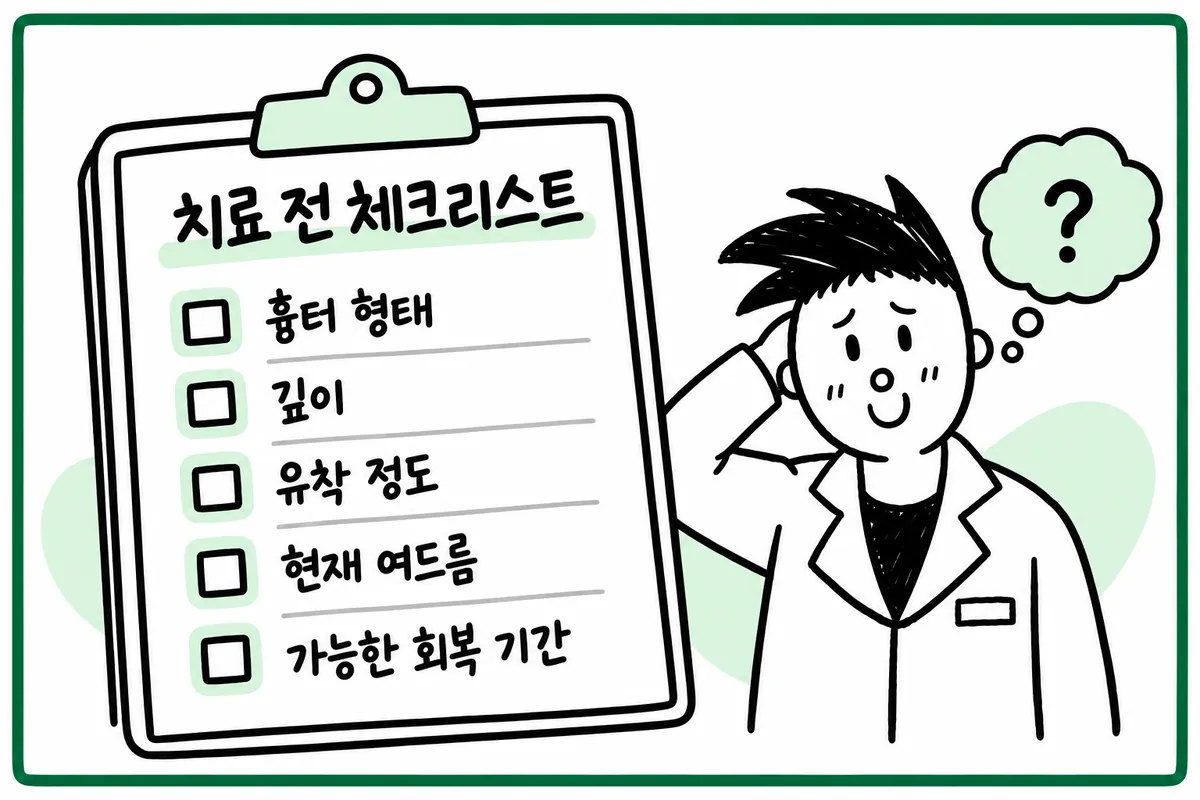 查看疤痕形态、深度、粘连程度的治疗前检查清单示意图