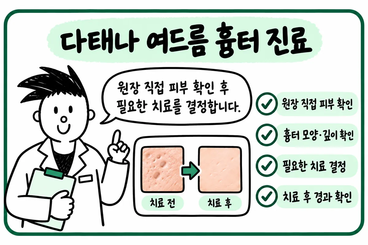 Datena Clinic介绍皮肤检查、疤痕形状与深度评估、治疗决定及恢复情况确认的示意图