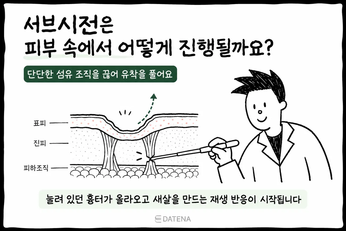示意图:用皮下分离器械分离皮下粘连纤维,为凹陷疤痕腾出上浮空间的剖面图