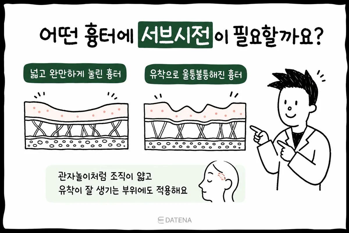 示意图:对比宽而平缓的凹陷与因粘连而凹凸不平的疤痕的皮肤剖面