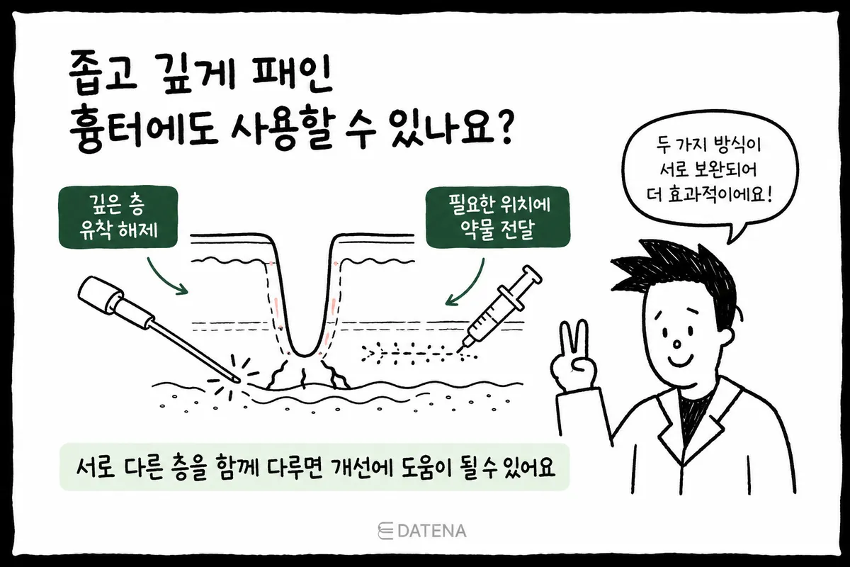 示意图:在窄而深的疤痕剖面上同时标示皮下分离与药物导入的治疗方式
