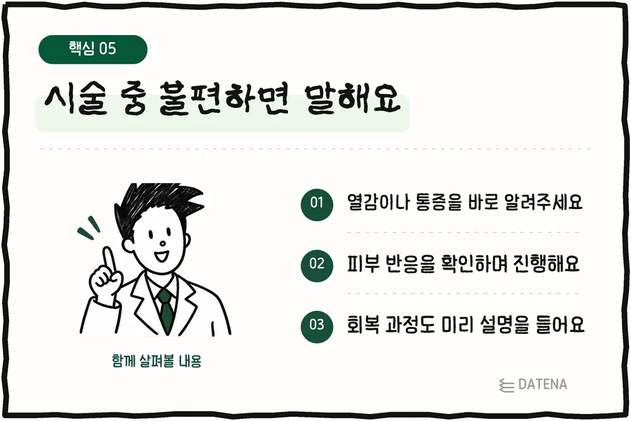 治疗中不舒服请说出来:有热感或疼痛请立即告知;边观察皮肤反应边进行;提前了解恢复过程 — Datena Clinic 说明卡